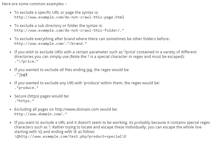 Screaming frog regular expressions to use for the exclude setting