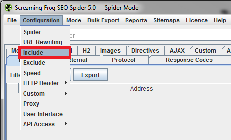 Screaming Frog include configuration for website scrapes