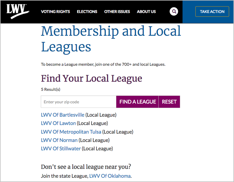When zip code returns no results, the view displays local leagues in the same state as the zip code entered