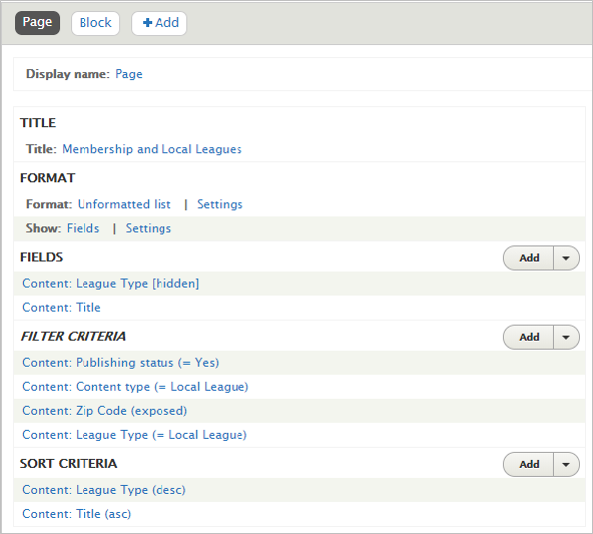 Local League page view that shows fields and filter criteria