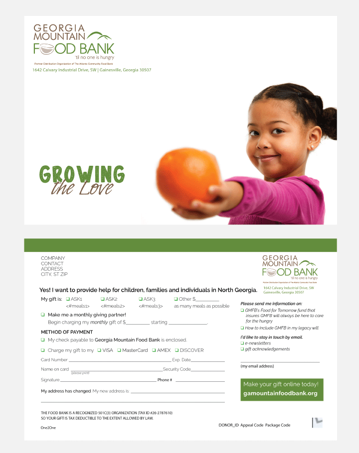 An example of a direct mail fundraising campaign for Georgia Mountain Food Bank by Allegiance Group.