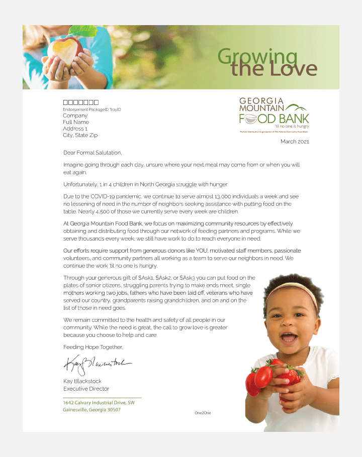 An example of a direct mail fundraising campaign for Georgia Mountain Food Bank by Allegiance Group.