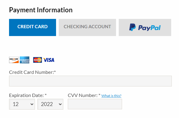 screenshot of payment section of form