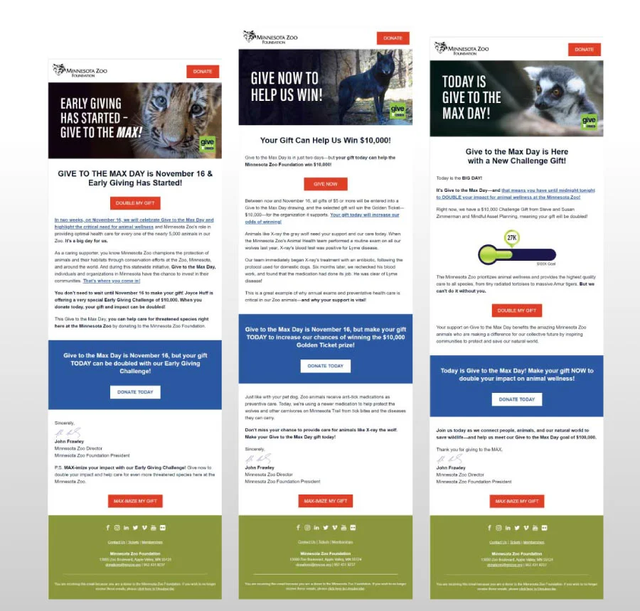 Three examples of the email campaigns the Minnesota Zoo Foundation used to convey a sense of urgency.