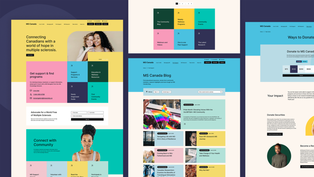Screenshots demonstrating streamlined, attractive nonprofit web design on MS Canada’s website.