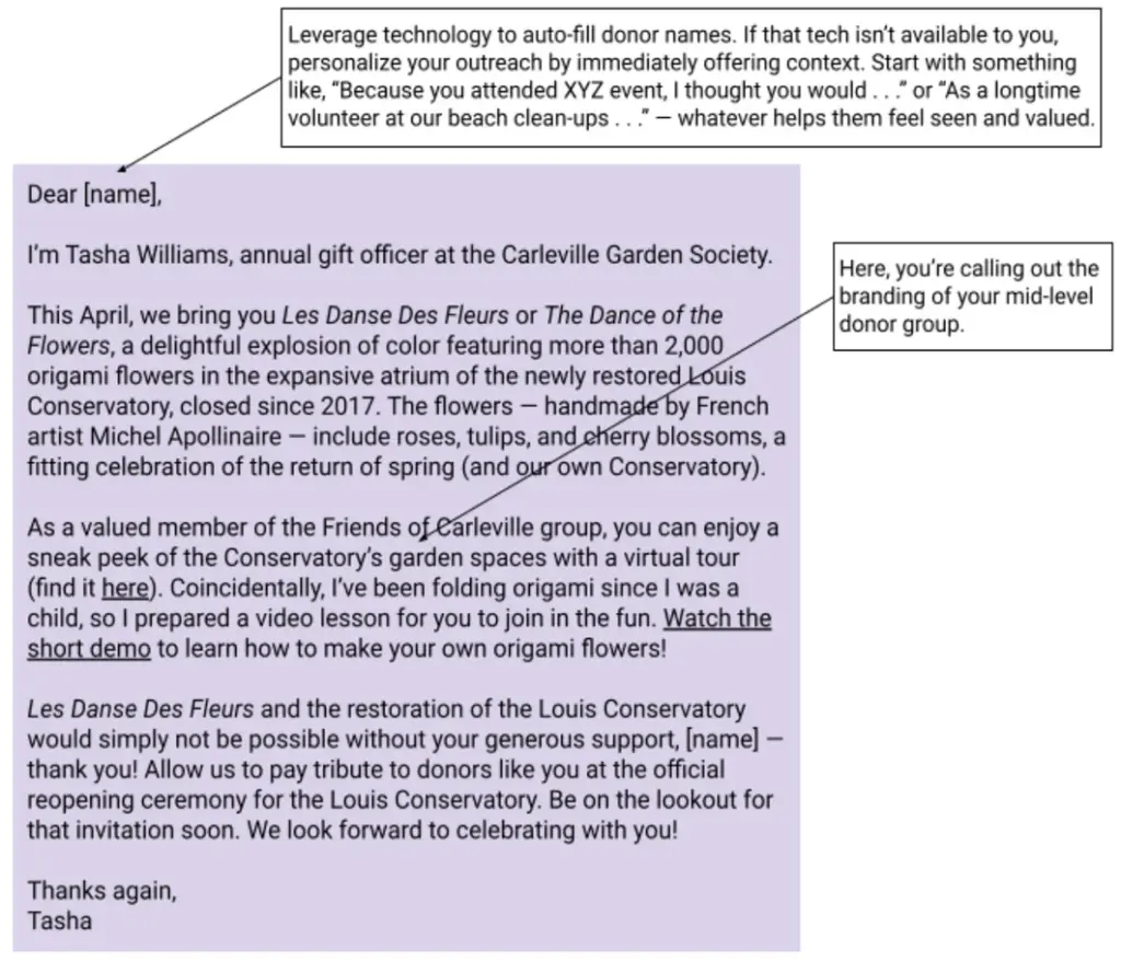 A sample letter showing personalization and using the branding of the mid-level donor group