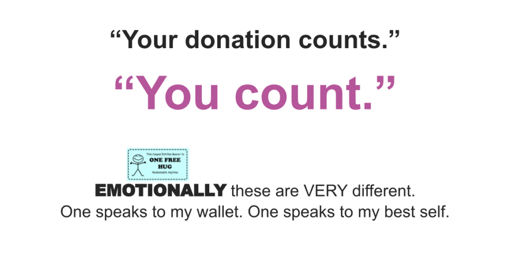 "Your donation counts."
"You count."
Emotionally these are VERY different.
One speaks to my wallet. One speaks to my best self.