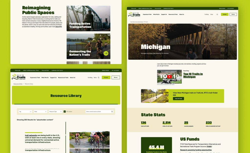 Screenshots highlighting effective nonprofit web design on RTC’s website.