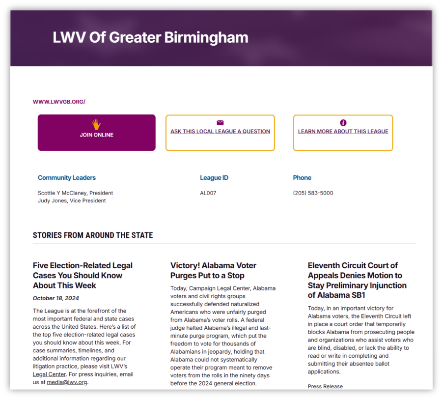 screenshot of new League of Women Voters home impact page