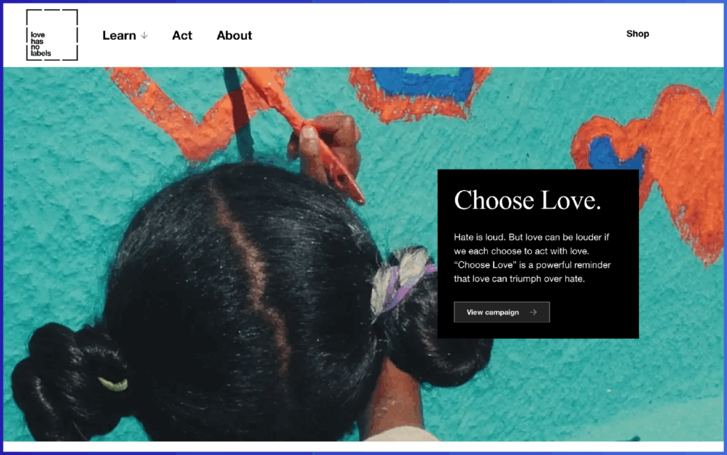 A screenshot of the Love Has No Labels campaign website.