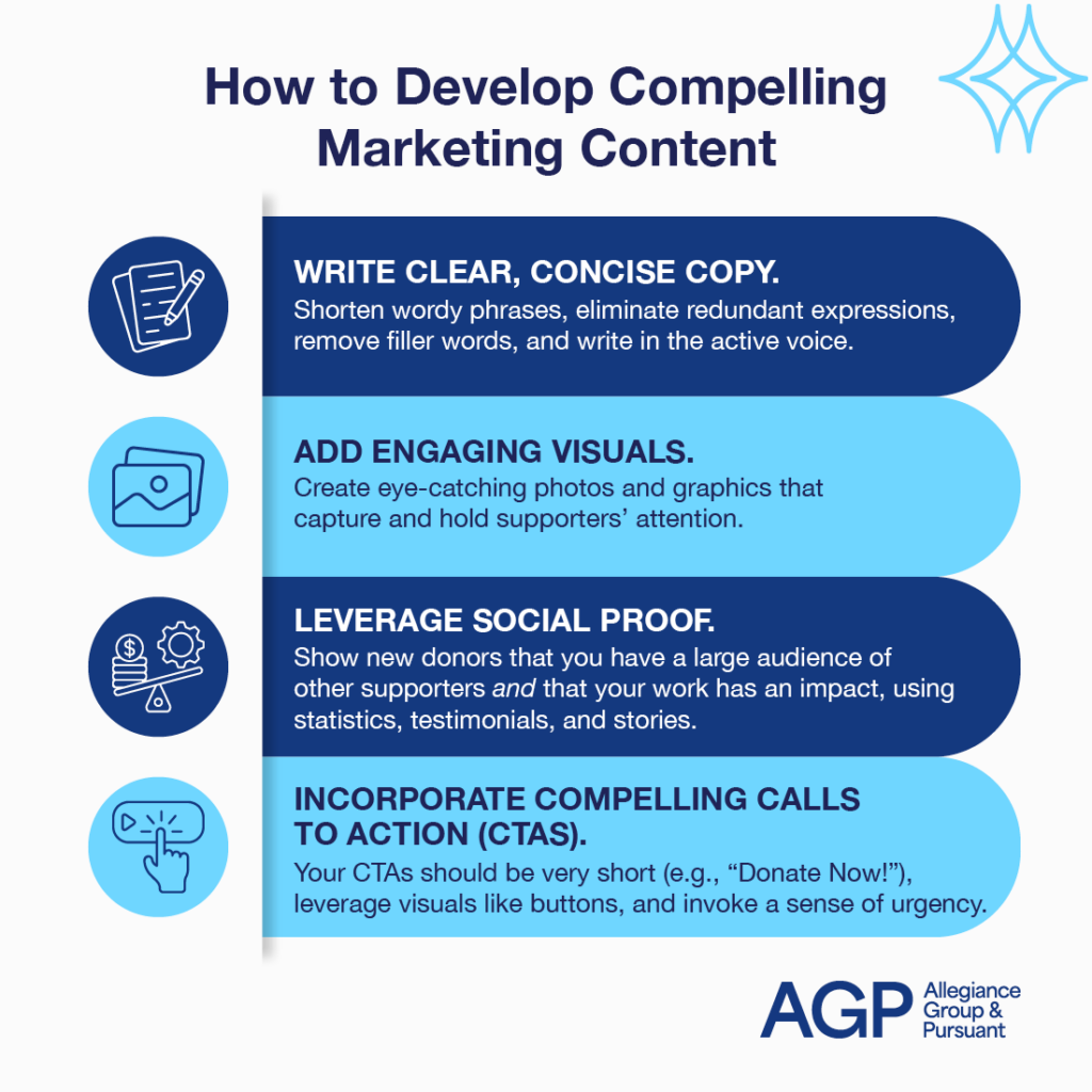 Four tips for developing compelling marketing content (detailed below).