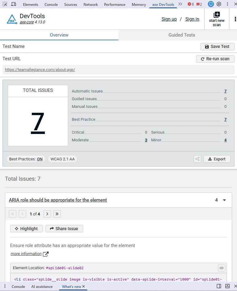 Screenshot of AXE DevTools results.